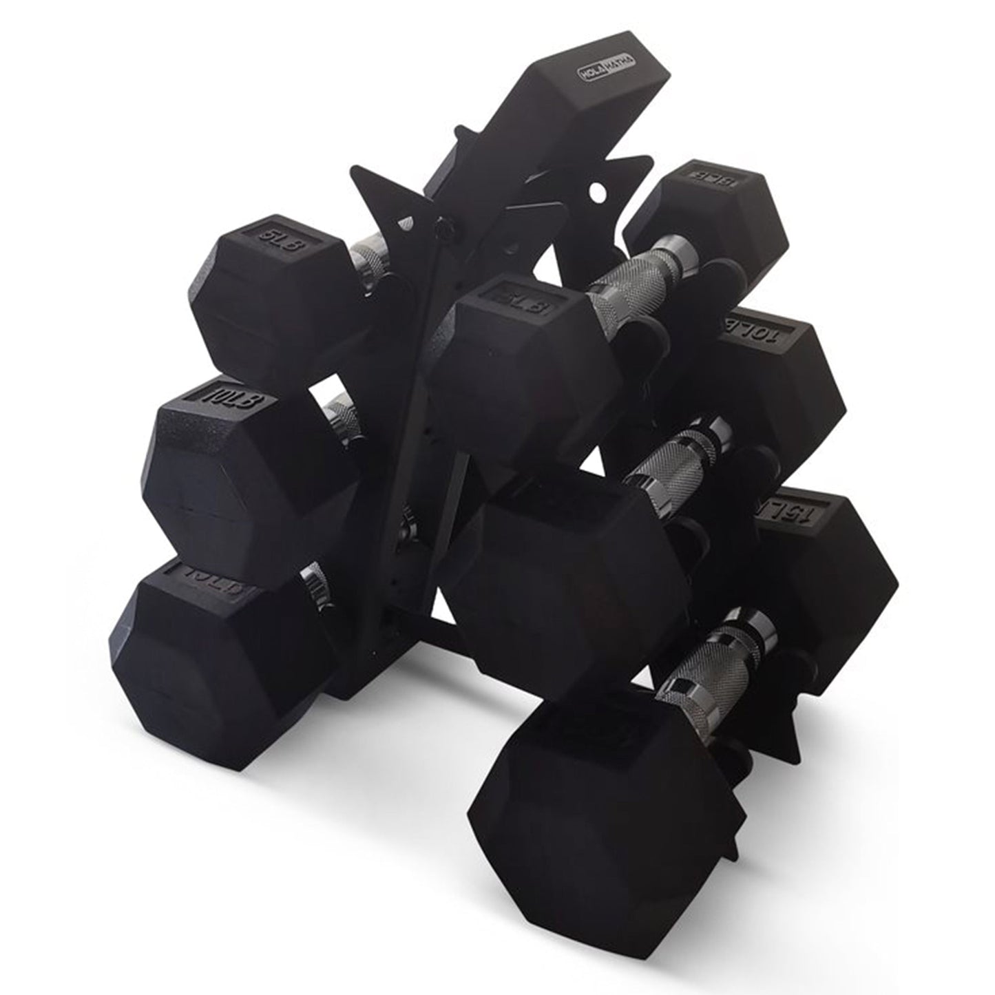 HolaHatha Hexagonal Dumbbell Free Hand Weight Set w/Rack, 5, 10, & 15 Lbs, Black