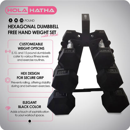 HolaHatha Hexagonal Dumbbell Free Hand Weight Set w/Rack, 5, 10, & 15 Lbs, Black