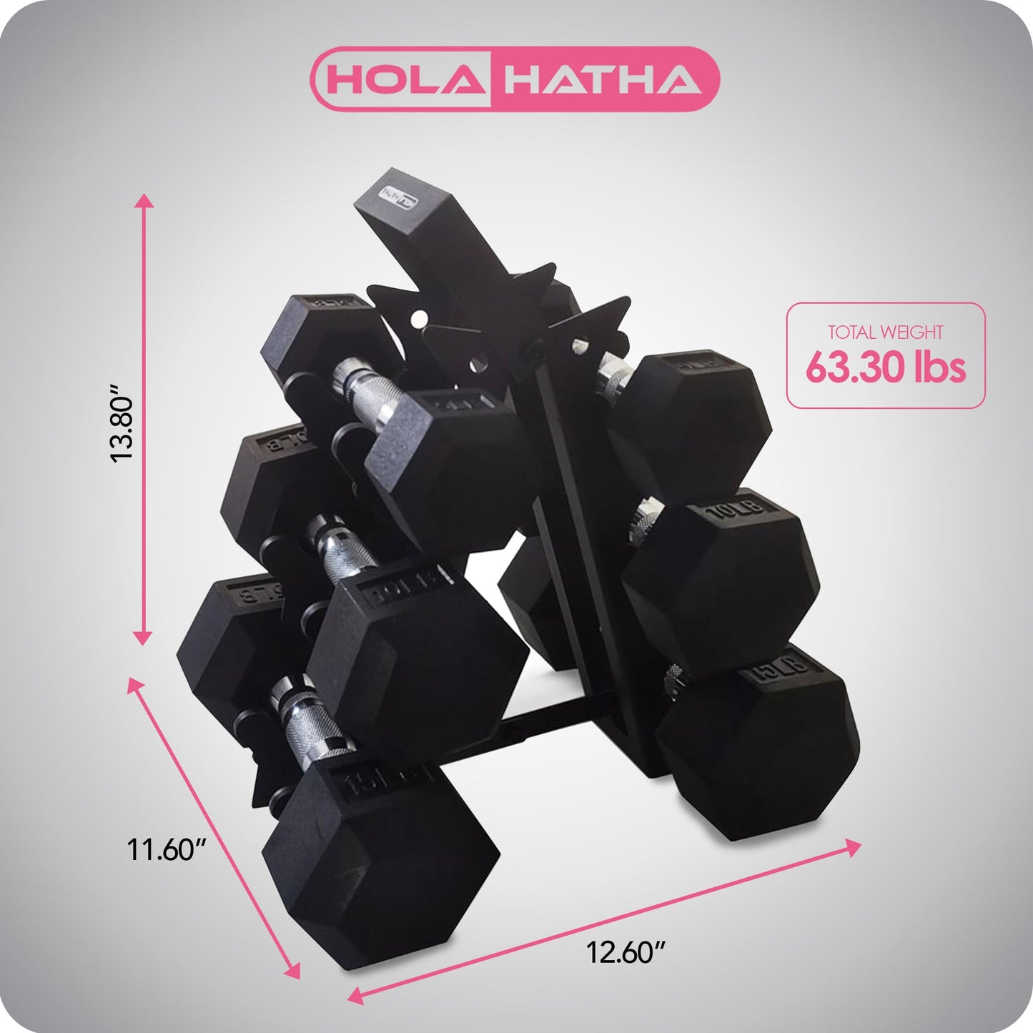 HolaHatha Hexagonal Dumbbell Free Hand Weight Set w/Rack, 5, 10, & 15 Lbs, Black