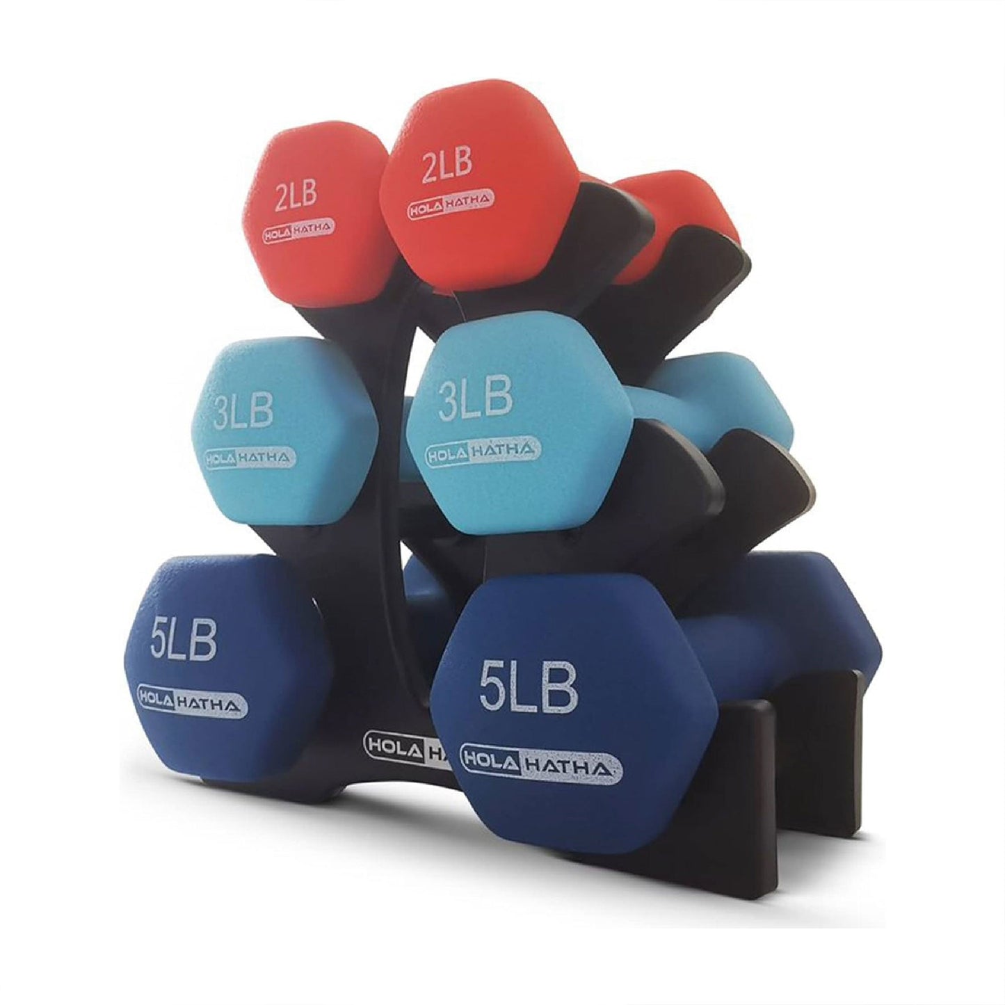 HolaHatha 2, 3, & 5 Lb Neoprene Dumbbell Free Hand Weight Set w/ Rack, Red/Blue