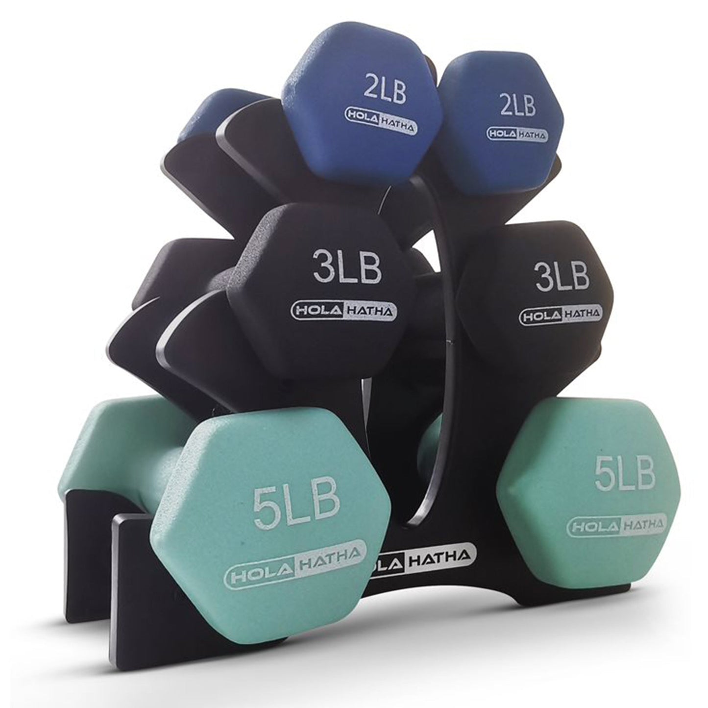 HolaHatha 2, 3, & 5 Pound Neoprene Dumbbell Free Hand Weight Set w/ Rack, Pastel