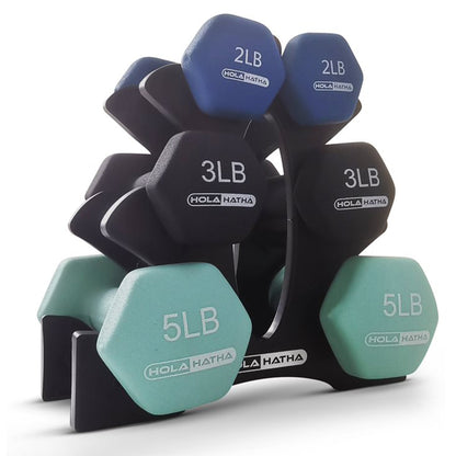 HolaHatha 2, 3, & 5 Pound Neoprene Dumbbell Free Hand Weight Set w/ Rack, Pastel