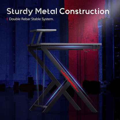 MOTPK 39 Inch Carbon Fiber Computer Gaming Desk with Raised Monitor Shelf, Black