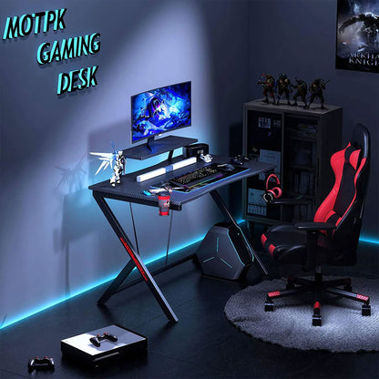 MOTPK 39 Inch Carbon Fiber Computer Gaming Desk with Raised Monitor Shelf, Black