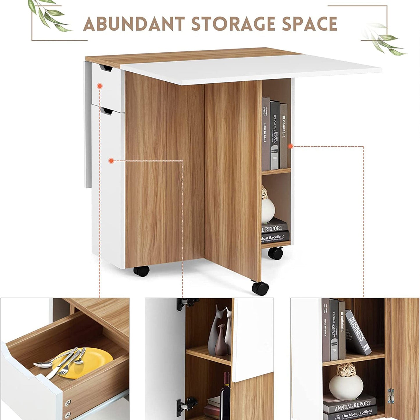 JOMEED Folding Dining Kitchen Table with Drawer and 2-Layer Storage Shelf, White