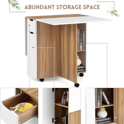 JOMEED Folding Dining Kitchen Table with Drawer and 2-Layer Storage Shelf, White