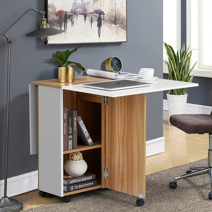 JOMEED Folding Dining Kitchen Table with Drawer and 2-Layer Storage Shelf, White