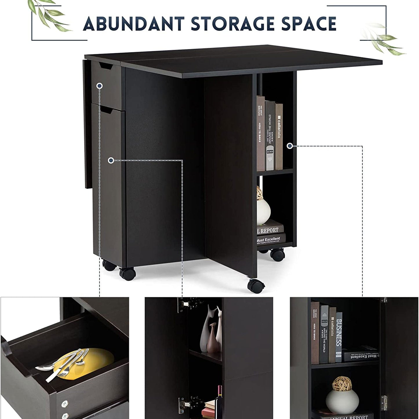 JOMEED Folding Dining Kitchen Table with Drawer and 2-Layer Storage Shelf, Black