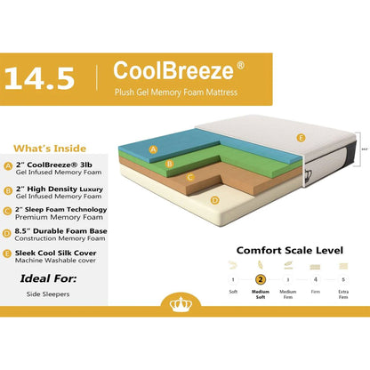 Dynasty Mattress 14.5 Inch CoolBreeze Plush Gel Memory Foam Mattress Bed, Twin XL Size