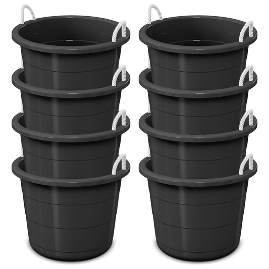 Life Story 17 Gal Flexible Plastic Storage Bucket w/ Rope Handles, Black, 8 Pack