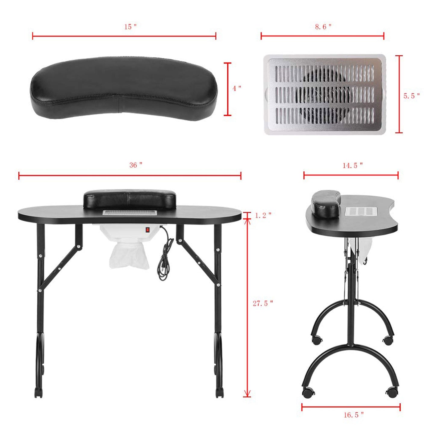 LEIBOU Professional Vented Foldable Manicure Nail Technician Table w/ Fan, Black