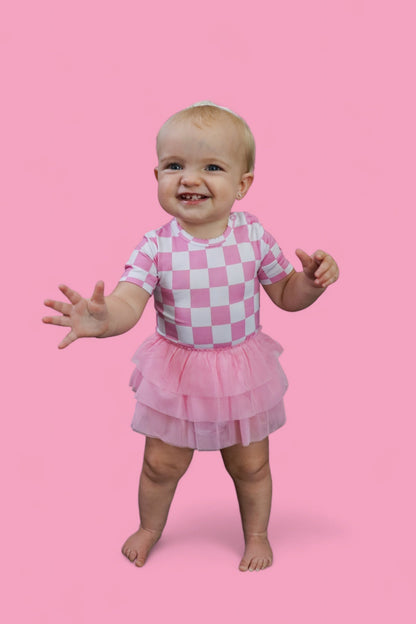 BUBBLEGUM CHECKERS DREAM TUTU BODYSUIT DRESS