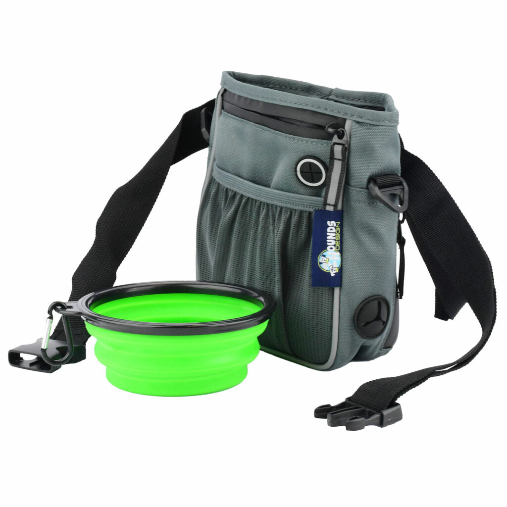 Treat Bag, Poop Bag Holder, and Handy Collapsible Water Bowl