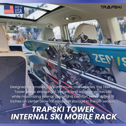 The TRAPSKI Tower with Security Strap | Internal Ski Mobile Rack | SUVs, Vans, Crossovers, Hatchbacks | Third Row SUVS
