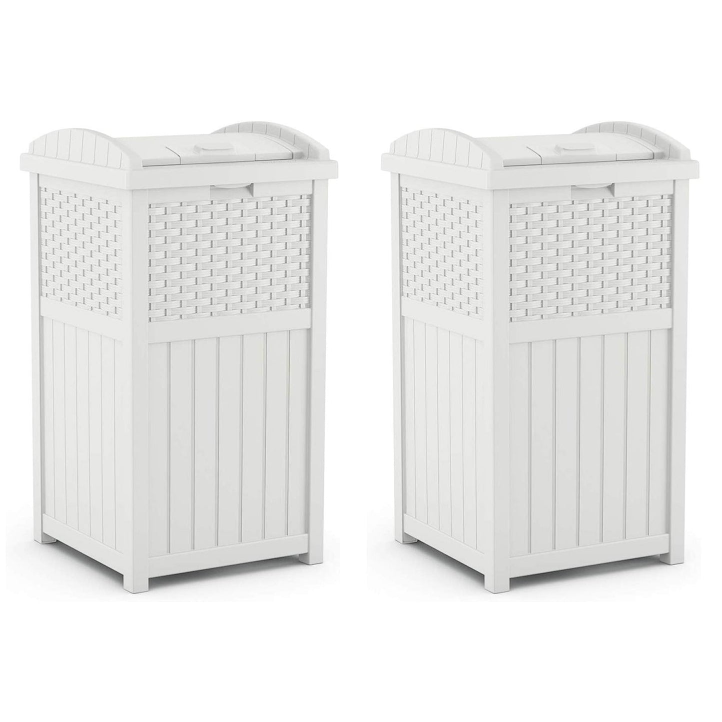 Suncast Wicker Resin Outdoor Hideaway Trash Can Bin with Latching Lid (2 Pack)