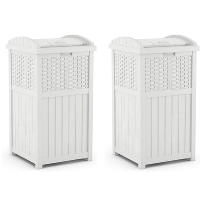 Suncast Wicker Resin Outdoor Hideaway Trash Can Bin with Latching Lid (2 Pack)