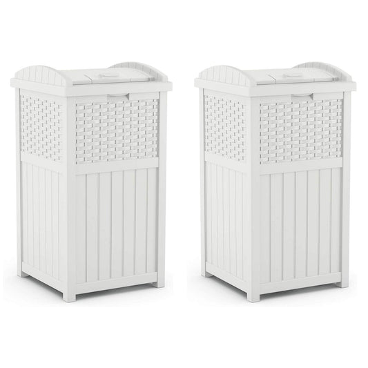 Suncast Wicker Resin Outdoor Hideaway Trash Can Bin with Latching Lid (2 Pack)