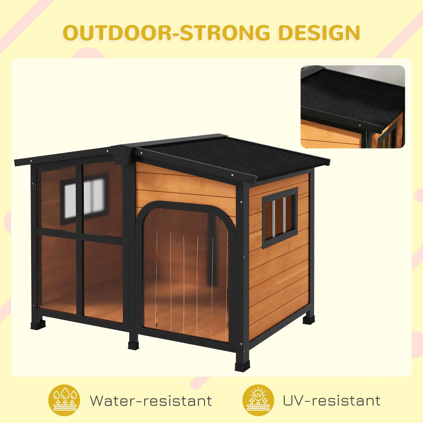 Outside Cabin-Style Wooden Dog House for Large Dogs with Openable Roof & Giant Window, Outdoor & Indoor Big Dog House, Asphalt Roof, Yellow