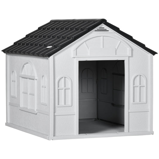 Plastic Dog House, Water Resistant Puppy Shelter Indoor Outdoor with Door, for Medium and Small Dogs, Gray