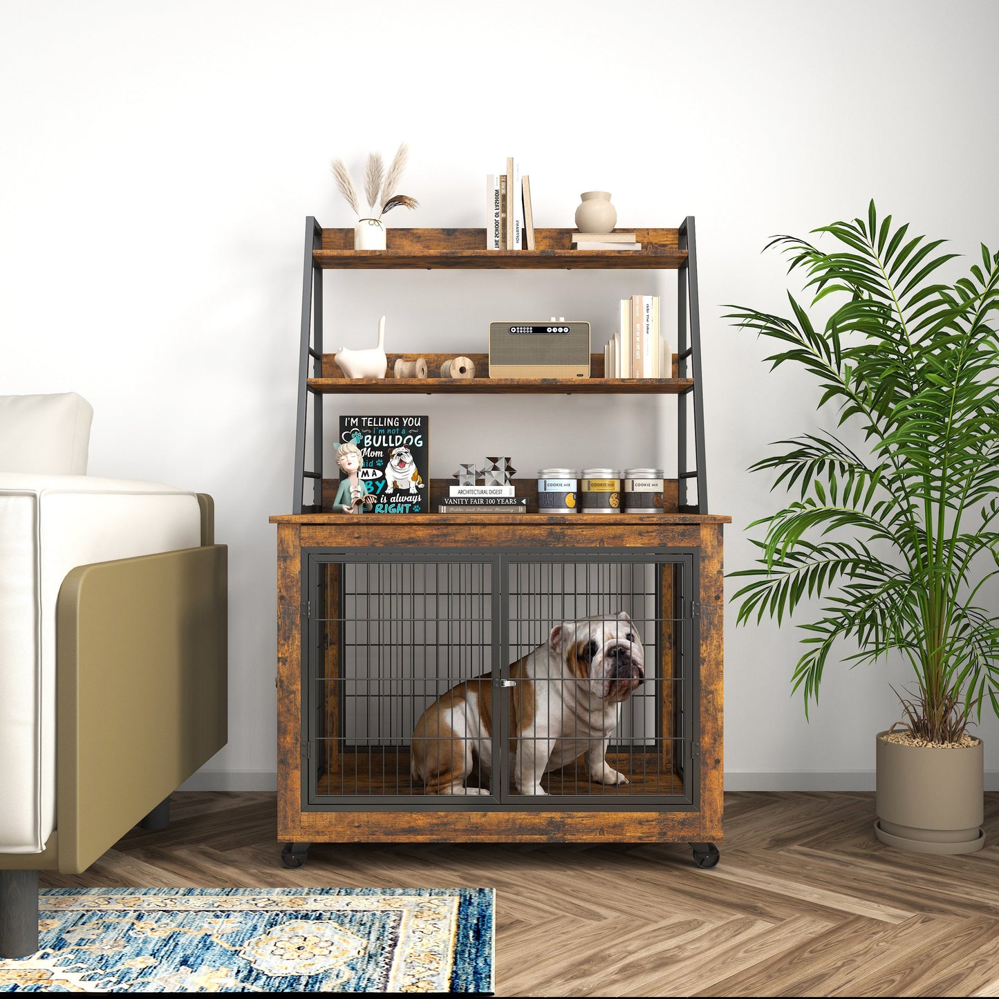 Furniture style dog crate side table with shelves, equipped with double doors and a raised roof. Rustic Brown, 38.58 "w x 25.5 "d x 57 "h