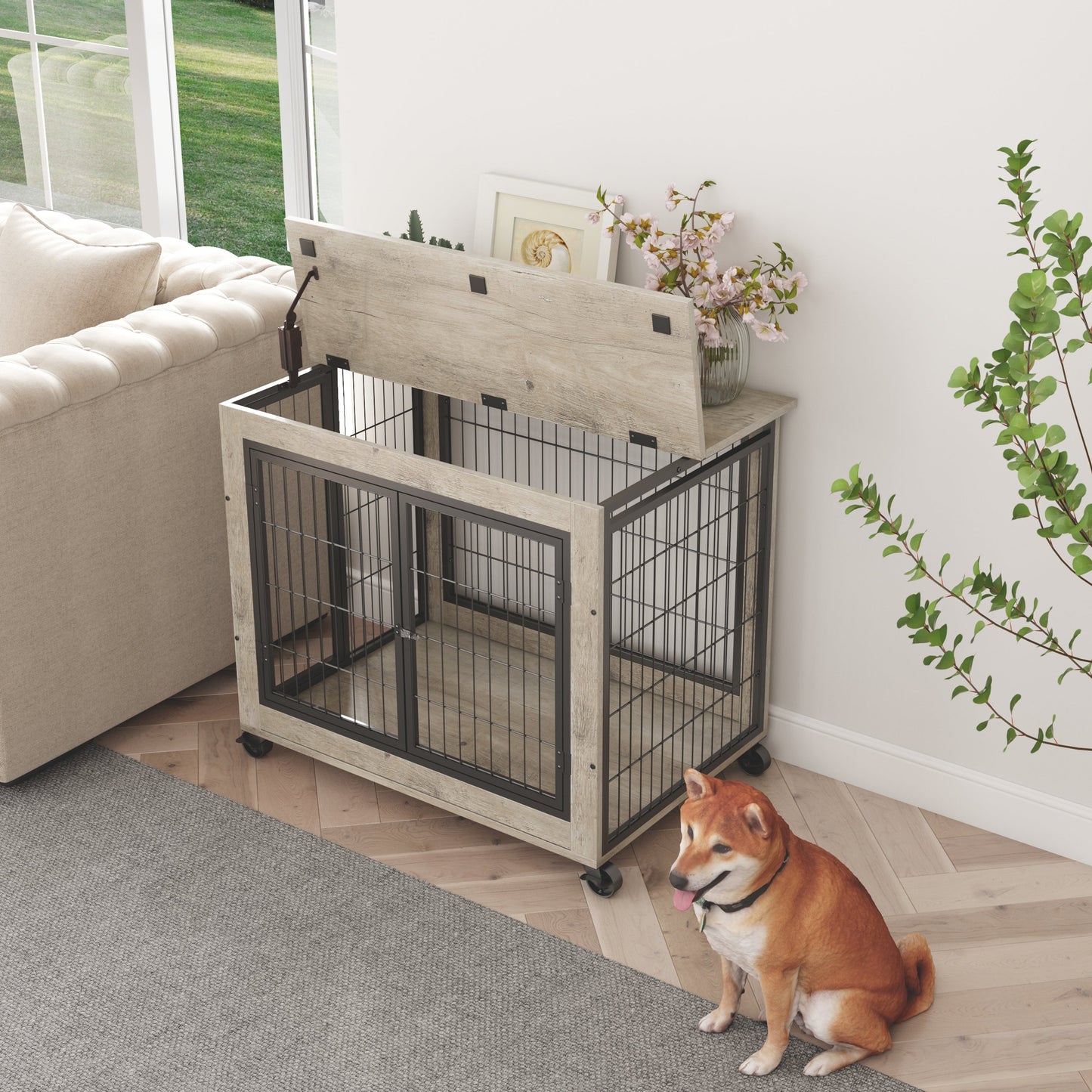 Furniture Dog Cage Crate with Double Doors on Casters. Grey, 31.50" W x 22.05" D x 24.8" H.