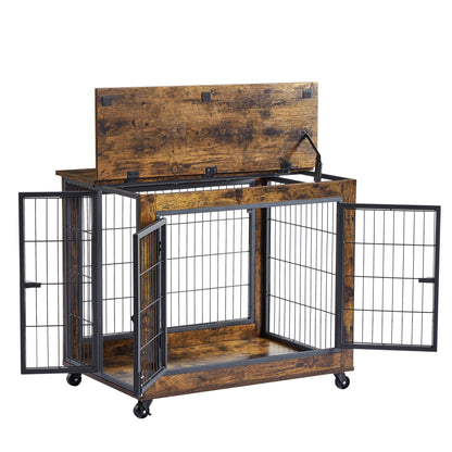 Furniture Style Dog Crate Side Table on Wheels with Double Doors and Lift Top. Grey, 31.50" W x 22.05" D x 25" H.