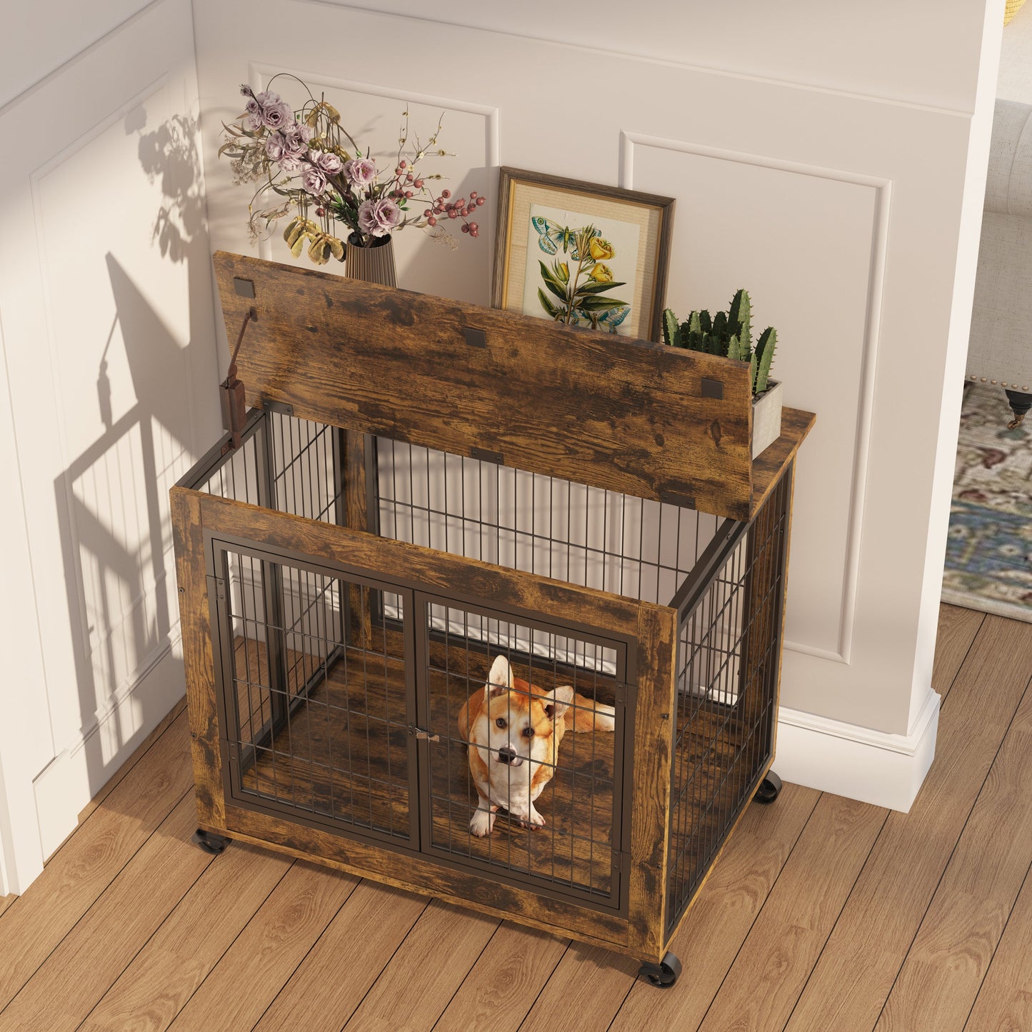 Furniture Style Dog Crate Side Table on Wheels with Double Doors and Lift Top. Grey, 31.50" W x 22.05" D x 25" H.