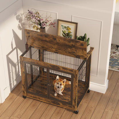 Furniture Style Dog Crate Side Table on Wheels with Double Doors and Lift Top. Grey, 31.50" W x 22.05" D x 25" H.