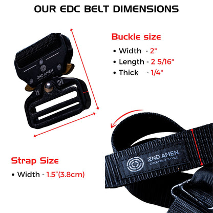 2ND AMEN 1.5" Tactical EDC Belt with Nylon Webbing. Quick Release Technology and Durable V-ring, Black.