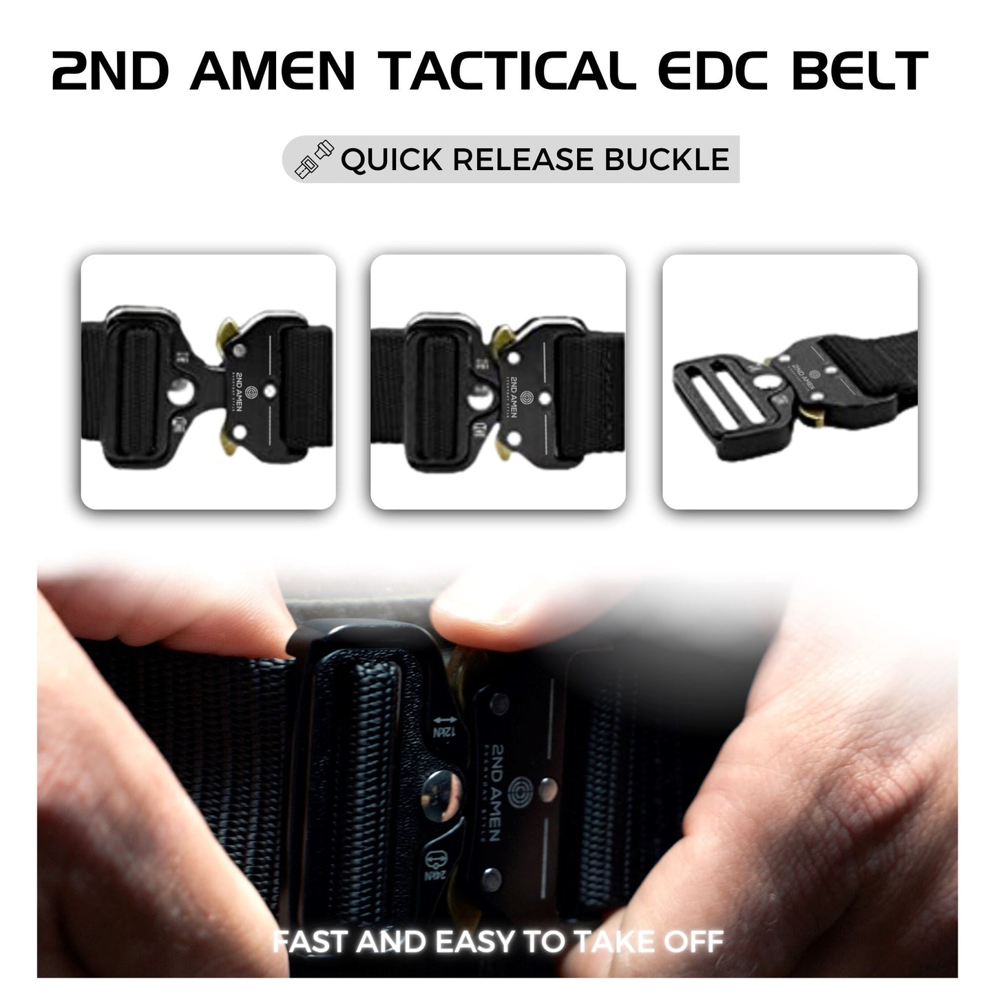 2ND AMEN 1.5" Tactical EDC Belt with Nylon Webbing. Quick Release Technology and Durable V-ring, Black.