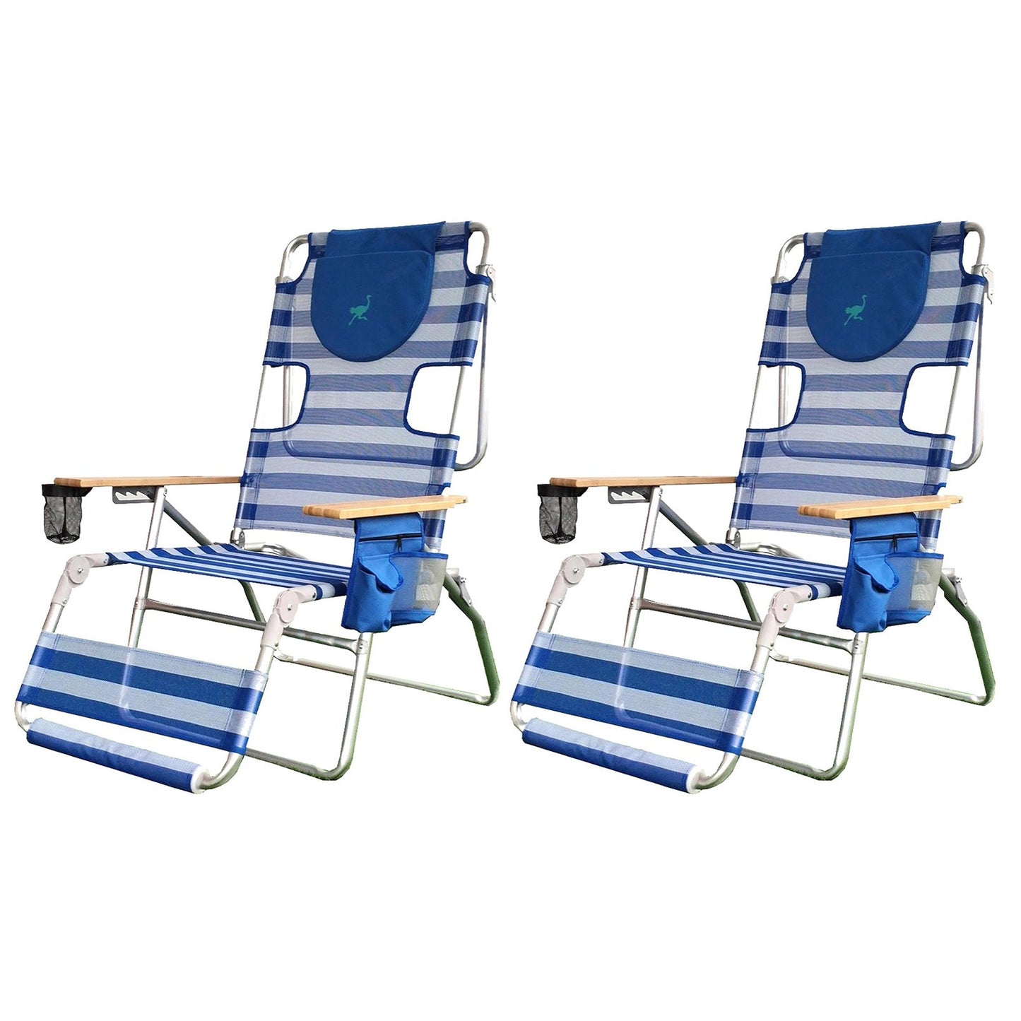 Ostrich 3-N-1 Altitude Outdoor Reclining Patio Beach Lounge Chair, Blue (2 Pack)