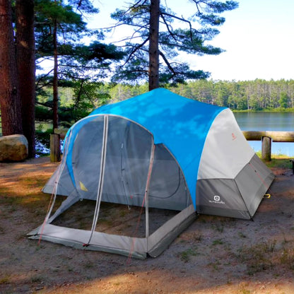 Outbound 8 Person 3 Season Easy Up Camping Dome Tent with Rainfly & Porch, Blue