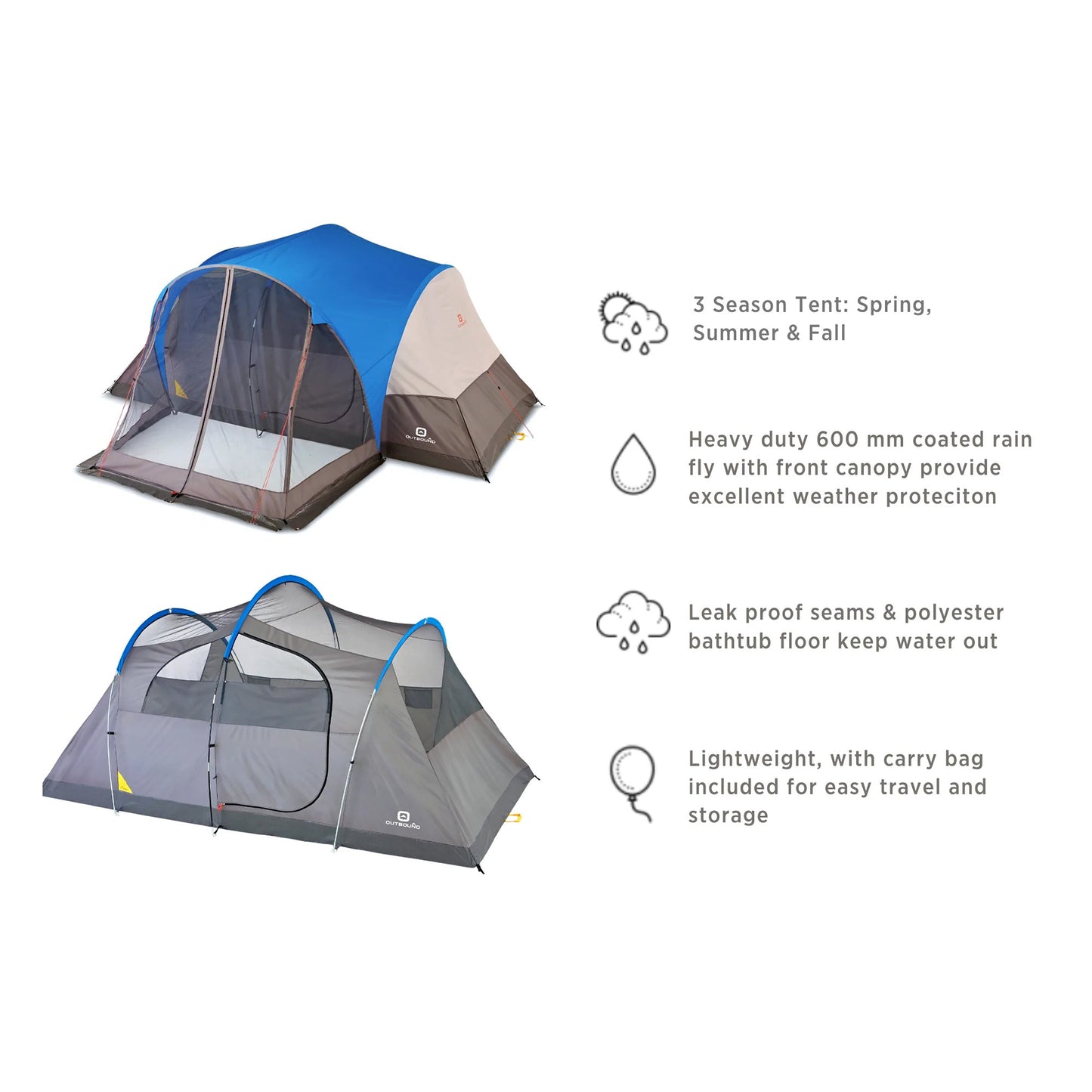 Outbound 8 Person 3 Season Easy Up Camping Dome Tent with Rainfly & Porch, Blue