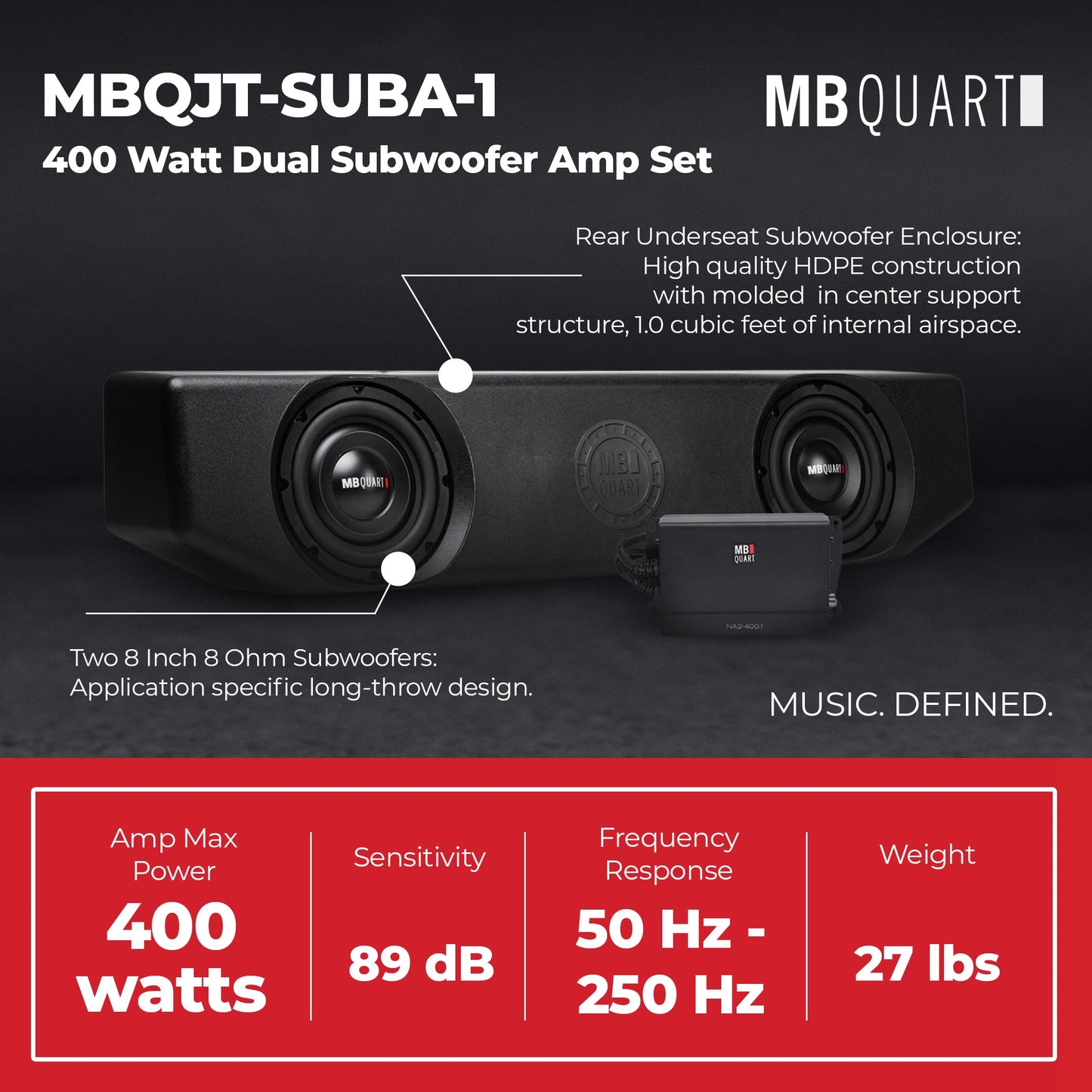 MB Quart Jeep Gladiator Compatible 400 Watt Dual Subwoofer Amp Set, MBQJT-SUBA-1