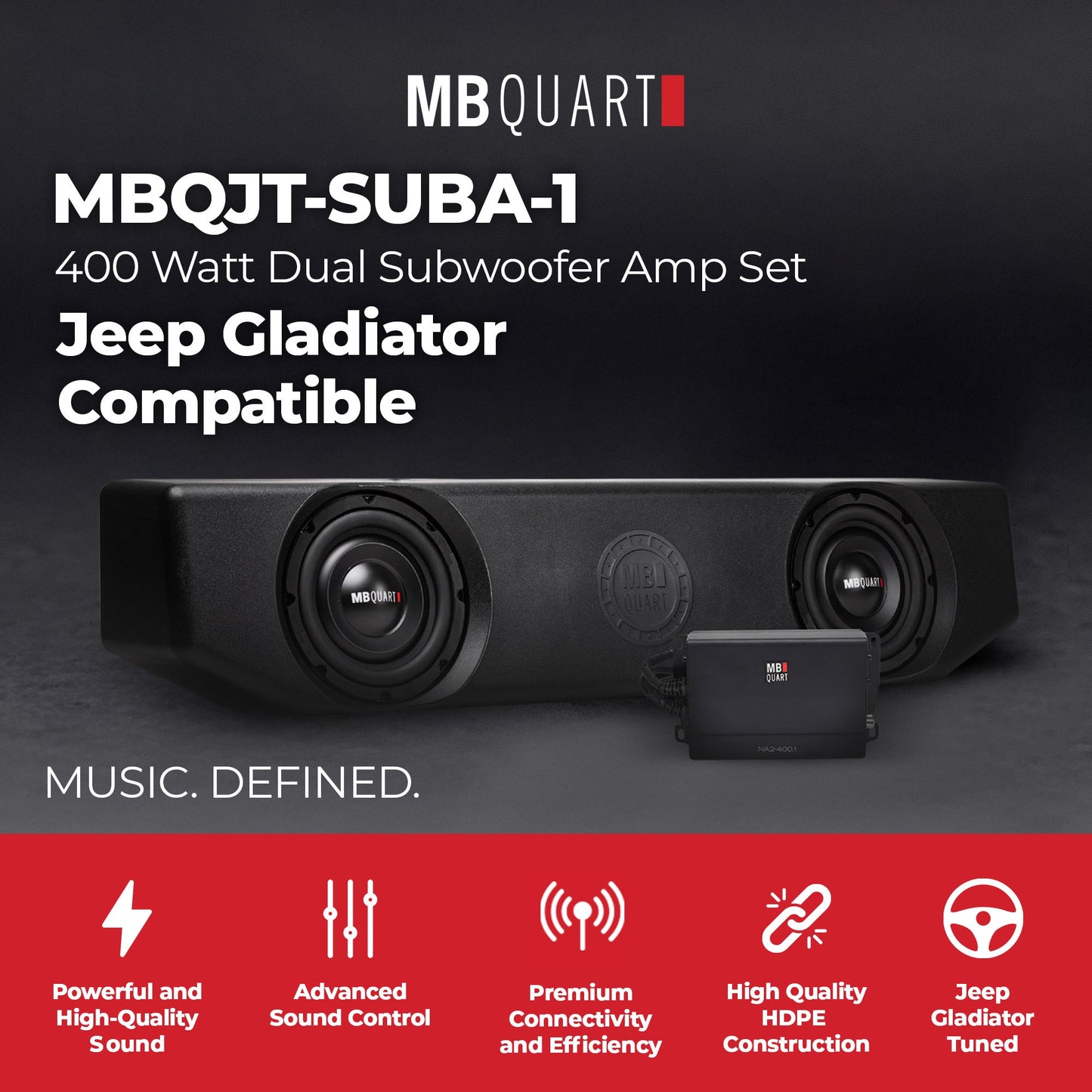 MB Quart Jeep Gladiator Compatible 400 Watt Dual Subwoofer Amp Set, MBQJT-SUBA-1