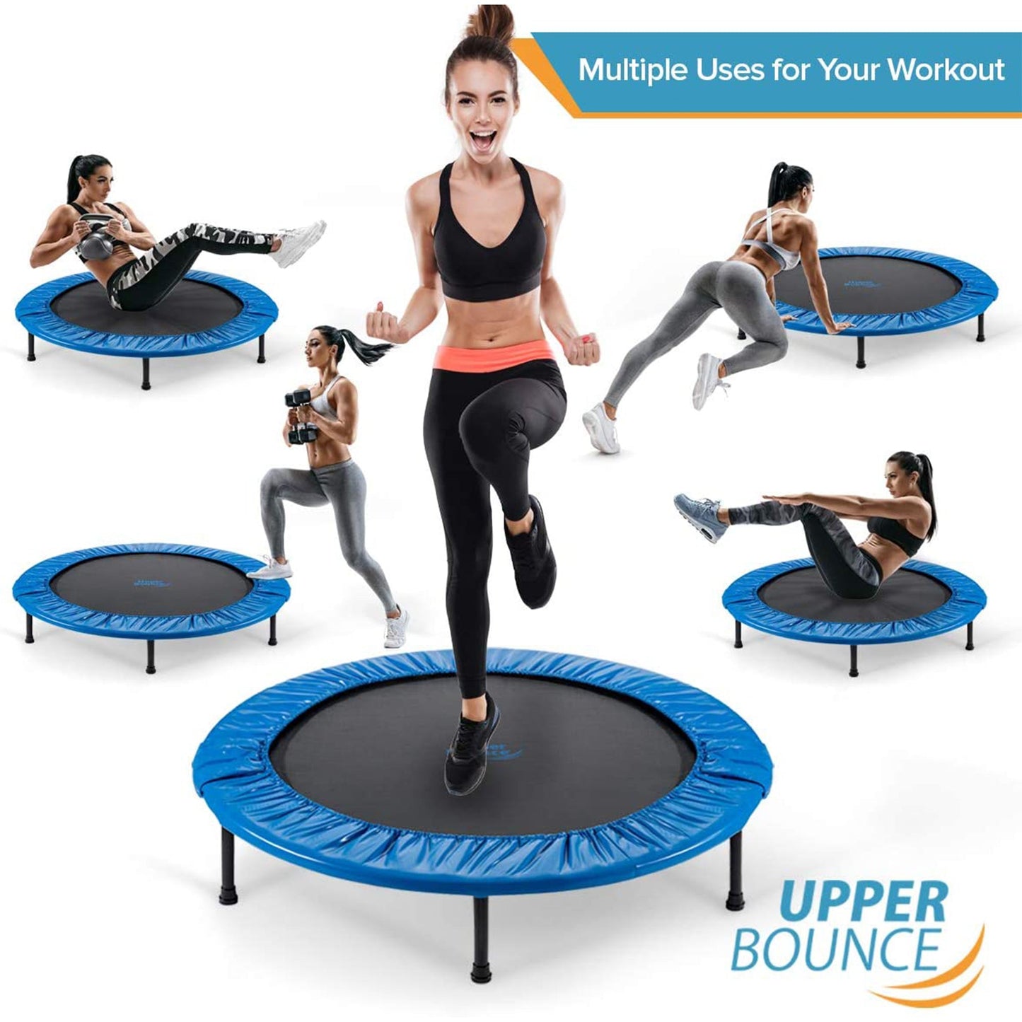 Upper Bounce 48-In Round Foldable Rebounder Fitness Trampoline w/ Adjustable Bar