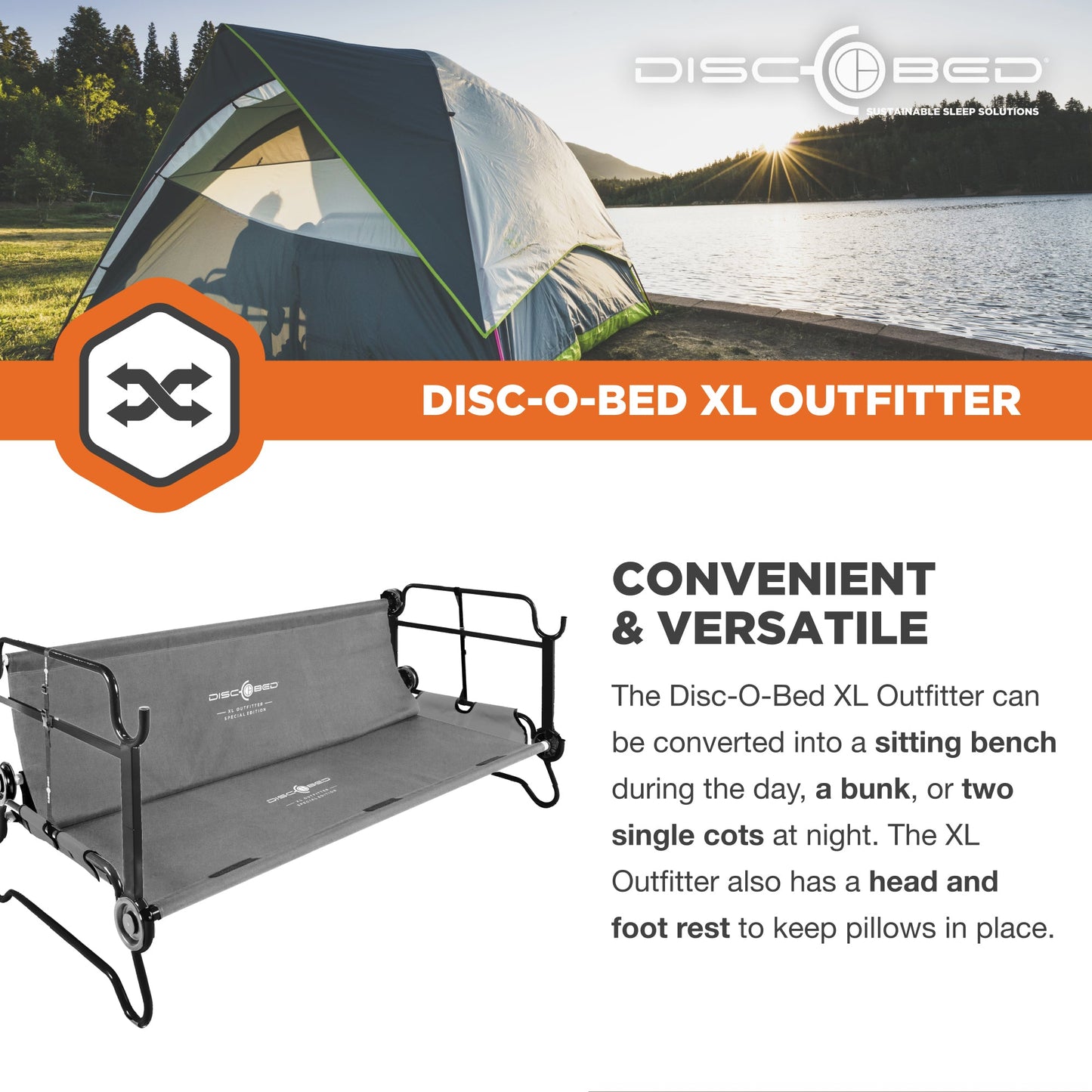 Disc-O-Bed XL Outfitter Bench Double Cot Camping Bunk with Organizers, Grey