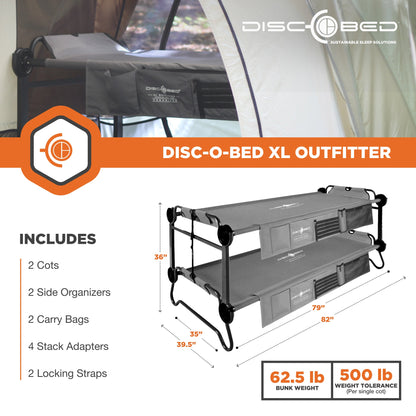 Disc-O-Bed XL Outfitter Bench Double Cot Camping Bunk with Organizers, Grey