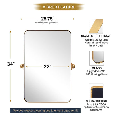 ANDY STAR Modern 22x34" Rectangular Wall Hanging Bathroom Mirror, Brushed Gold