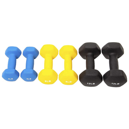 BalanceFrom Fitness 5, 8, and 12 Pound Neoprene Coated Dumbbell Set with Stand