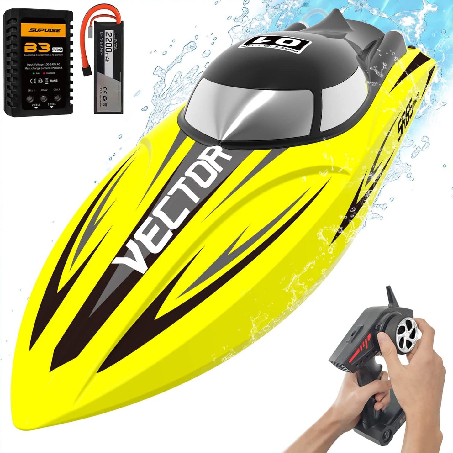VOLANTEXRC Vector SR65 37MPH Remote Control Outdoor Electric Racing Boat, Yellow