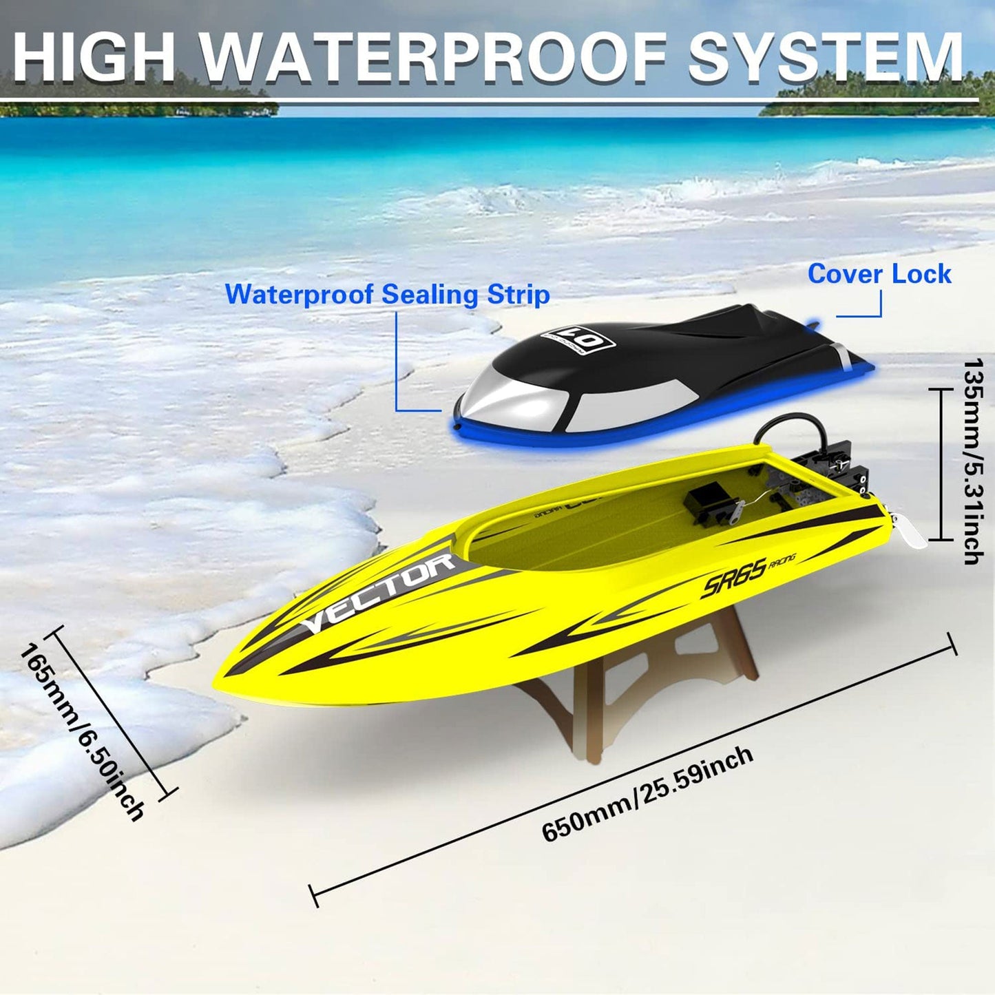 VOLANTEXRC Vector SR65 37MPH Remote Control Outdoor Electric Racing Boat, Yellow