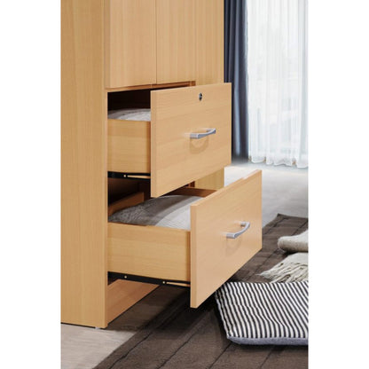 Hodedah Import 3 Door Armoire with Clothing Rod, Shelves, and 2 Drawers, Beech