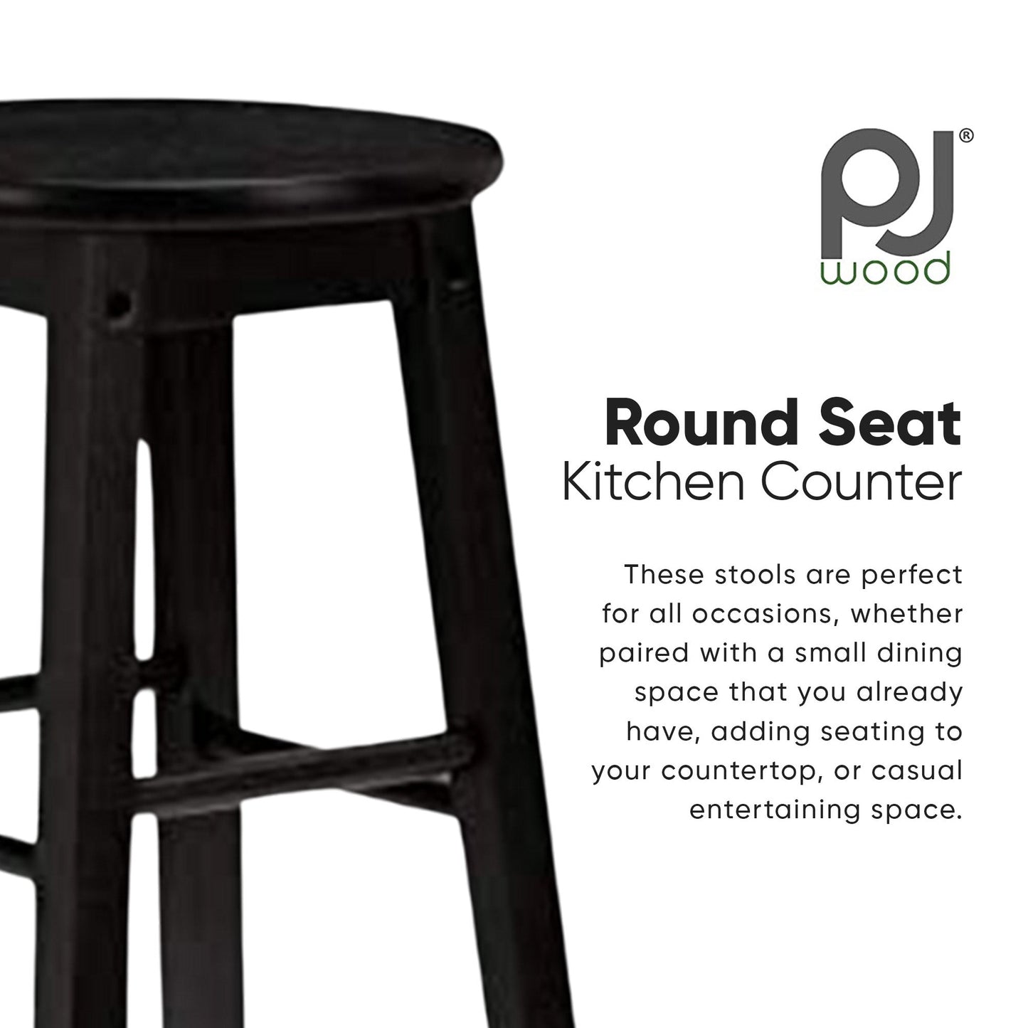 PJ Wood Classic Round-Seat 24 Inch Kitchen and Counter Stools, Black, Set of 2