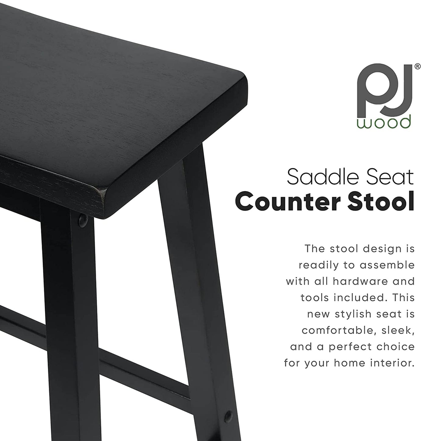 PJ Wood Classic Saddle-Seat 29 Inch Tall Kitchen Counter Stools, Black, Set of 2