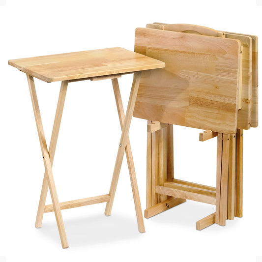 PJ Wood Folding TV Tray Tables with Compact Storage Rack 5 Piece Furniture Set