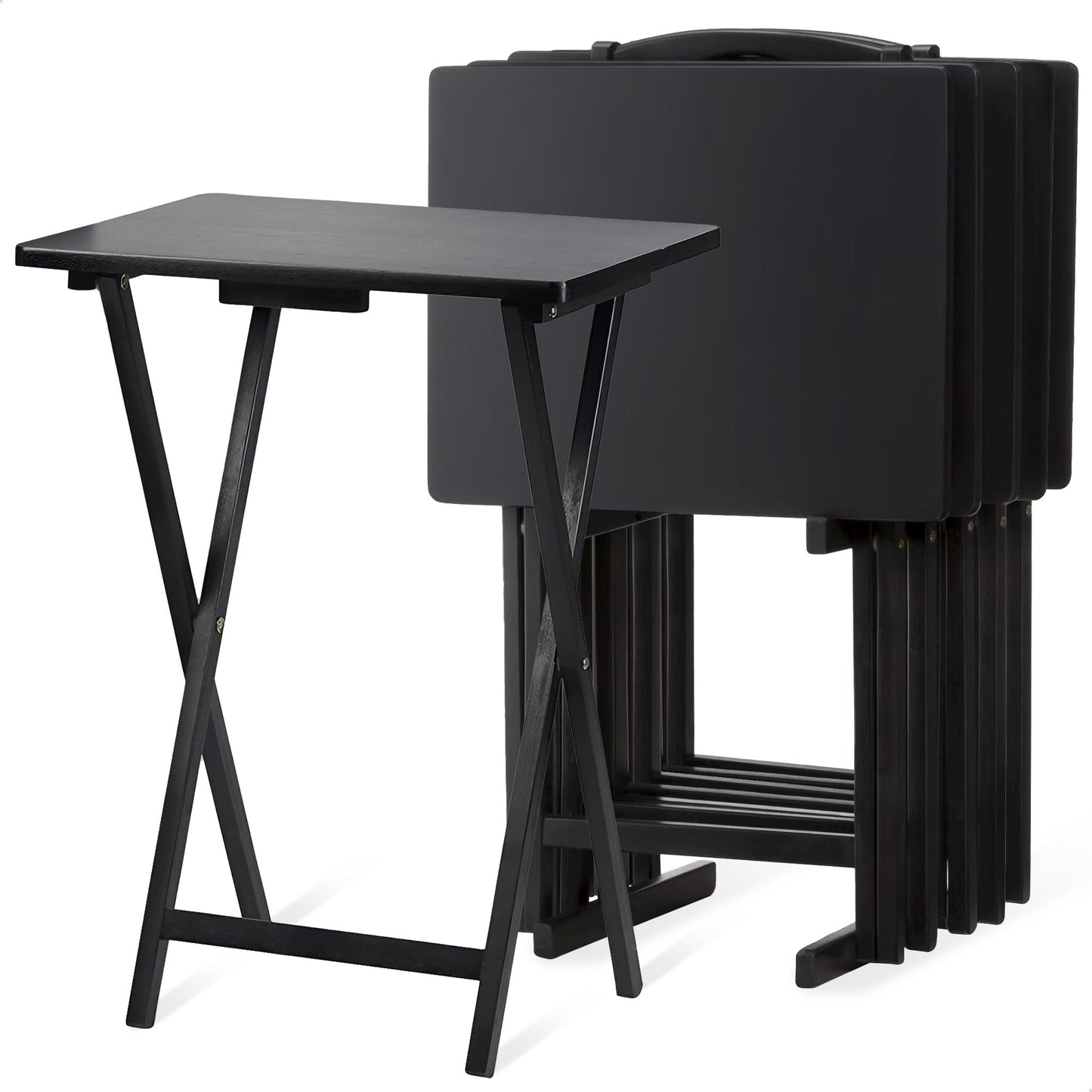 PJ Wood Folding TV Tray Tables with Compact Storage Rack, Black, 5 Piece Set
