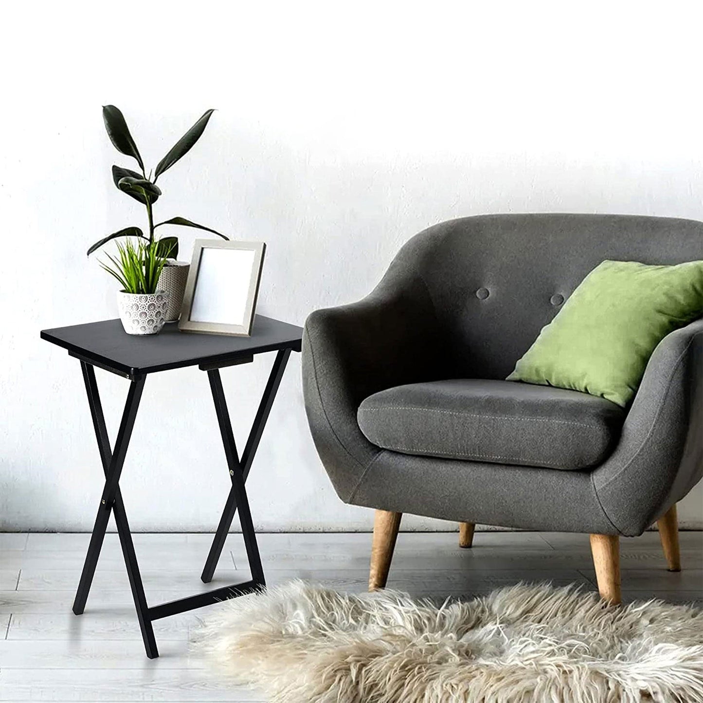 PJ Wood Folding TV Tray Tables with Compact Storage Rack, Black, 5 Piece Set