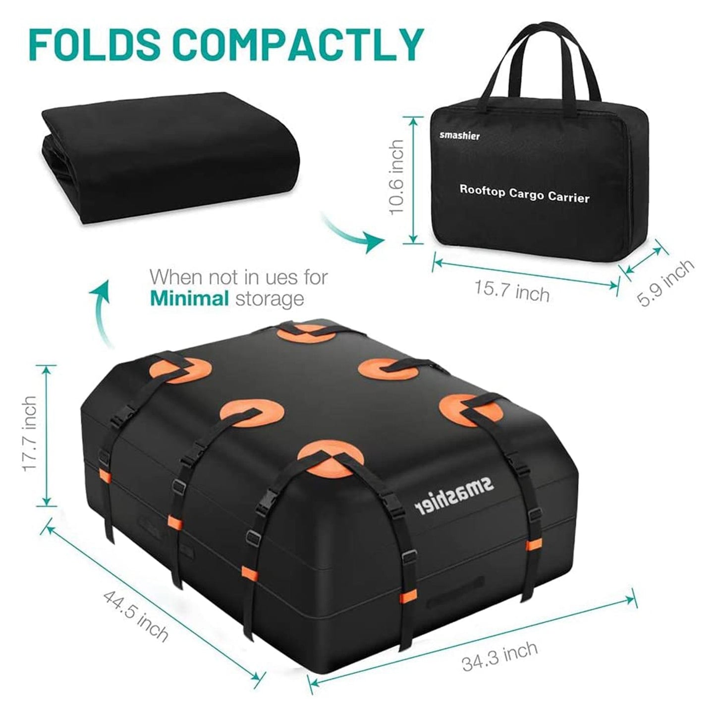 Smashier 15 Cubic Ft Heavy Duty Waterproof Car Rooftop Cargo Carrier Bag, Black