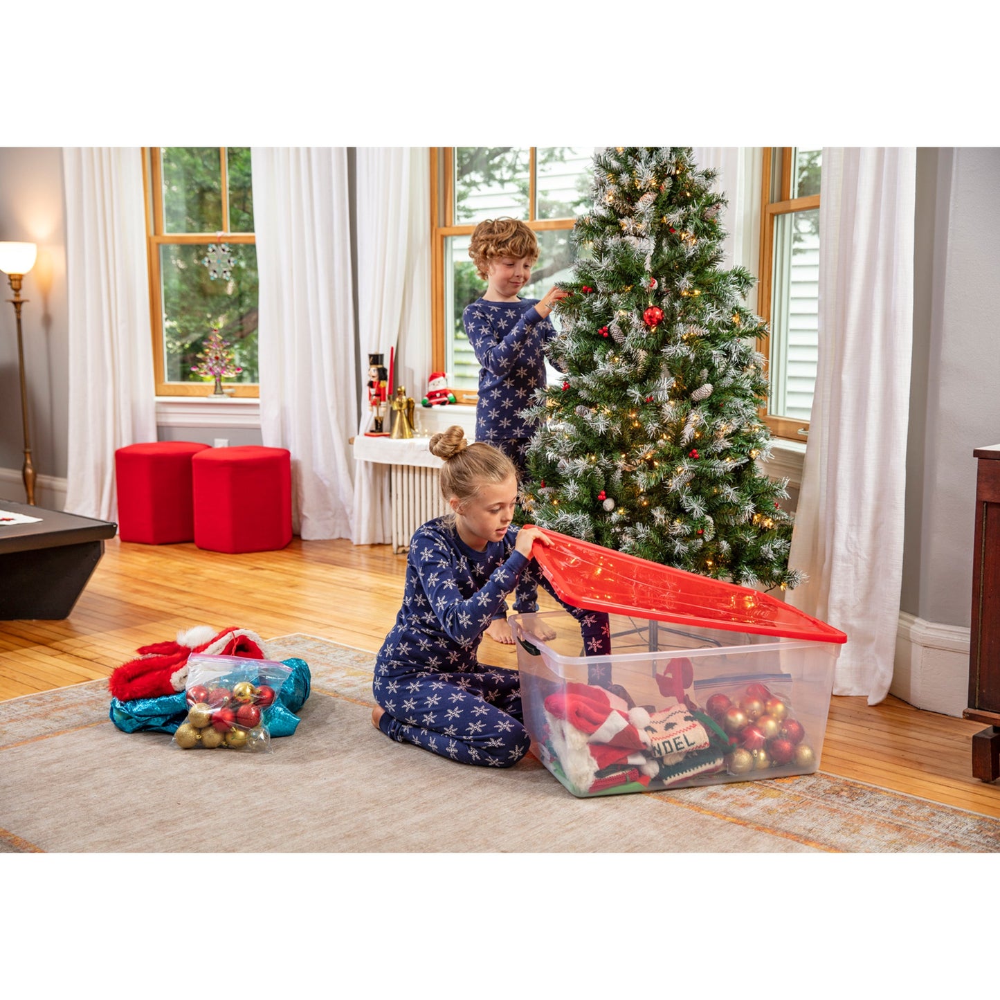 Rubbermaid Cleverstore 18 Gal Plastic Holiday Storage Tote, Clear & Red, 4 Pack